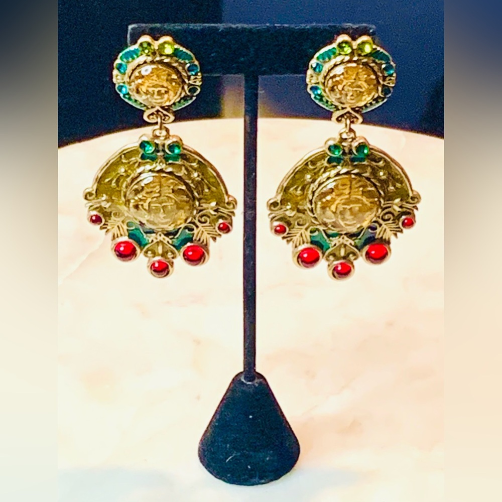 KIRKS FOLLY MEDUSA EARRINGS GOLD DANGLE RED GREEN RED